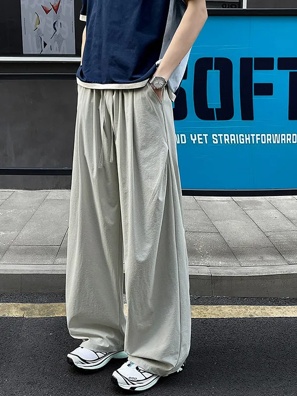 

Casual Ice Silk Pleated Men's Summer Thin Straight Leg Pants Drapey Cool Feeling Loose Fit High Waist Elastic Waisand