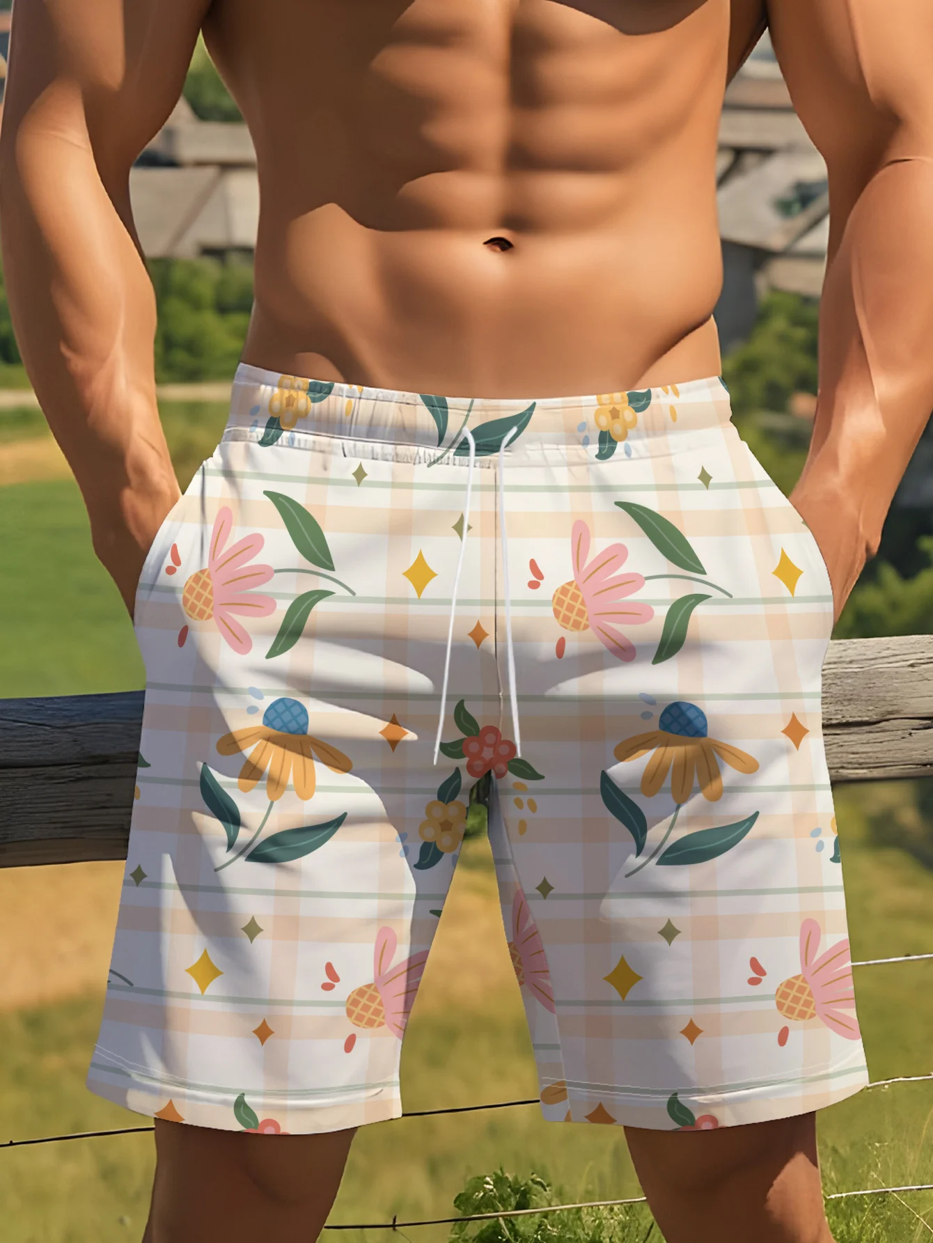 Men's Chinese Style Mountain Landscape Print Quick Dry Drawstring Beach Board Shorts 2026