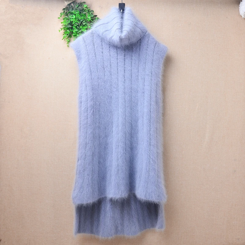 04 Ladies Women Fall Winter Clothing Hairy Angora Rabbit Hair Knitted Sleeveless Turtleneck Slim Blouses Vest Mink Fur Sweater