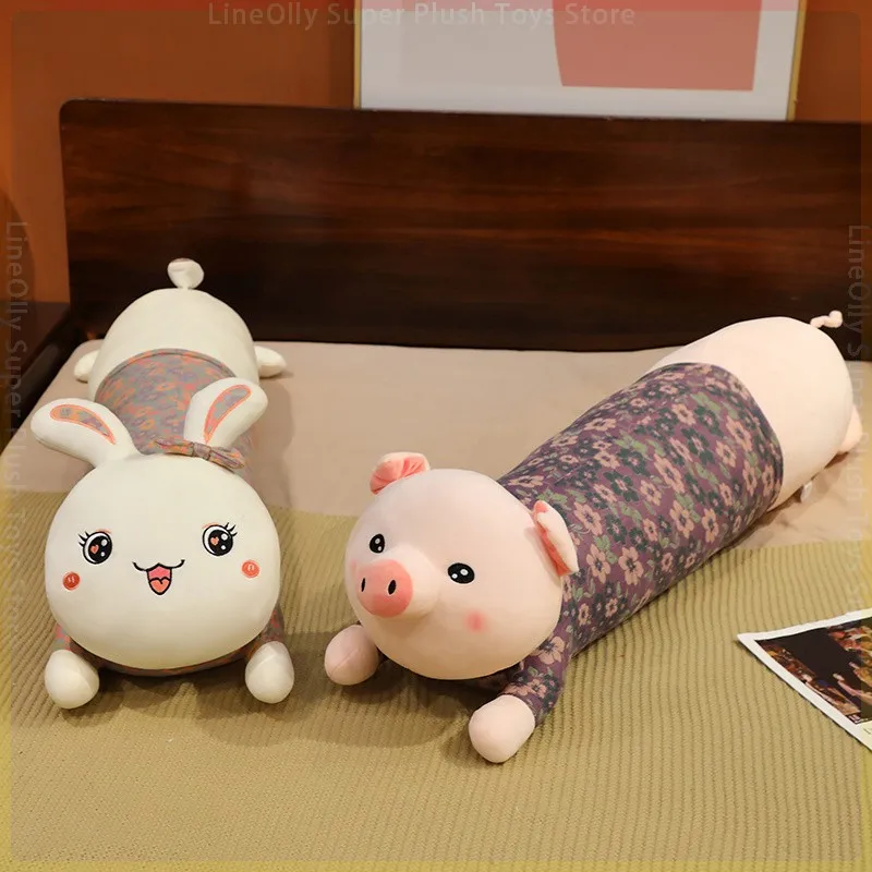 

80/100cm New Print Cloth Lying Bunny Plush Toy Long Pillow Cartoon Stuffed Animal Pink Pig Doll Soft Bed Cushion for Girls Gifts