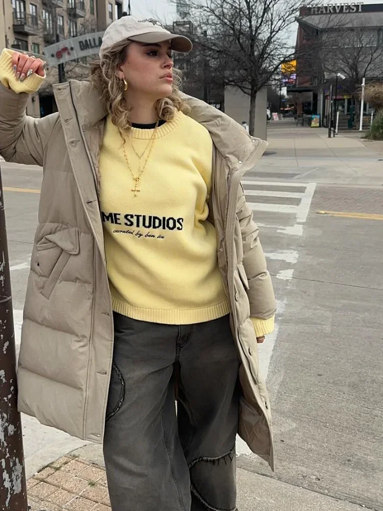 سترة نسائية عصرية محبوكة باللون الأصفر بأكمام طويلة ورقبة مستديرة مطوي بلوفر فضفاض جديد ملابس عطلة الخريف والشارع