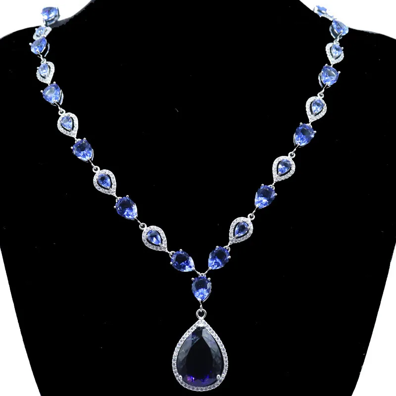 SheCrown 42x22mm Gorgeous Drop Shape 33g Green Peridot New Stone Iolite CZ Women Wedding Silver Necklace 18-19