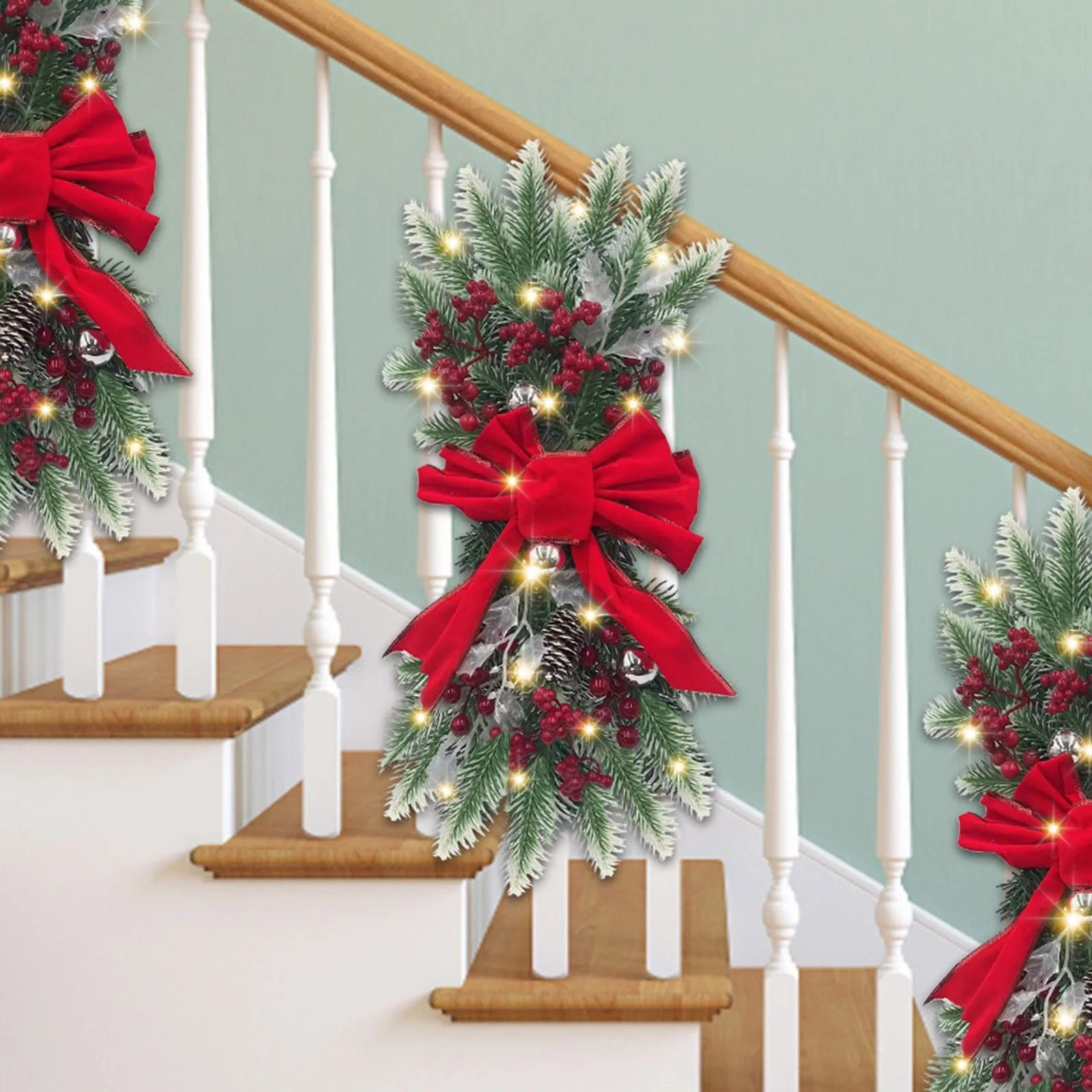 The Cordless Prelit Stairway Trim Christmas Wreaths For Front Door Live Christmas Wreath Wreath Led Lights Wreath Christmas