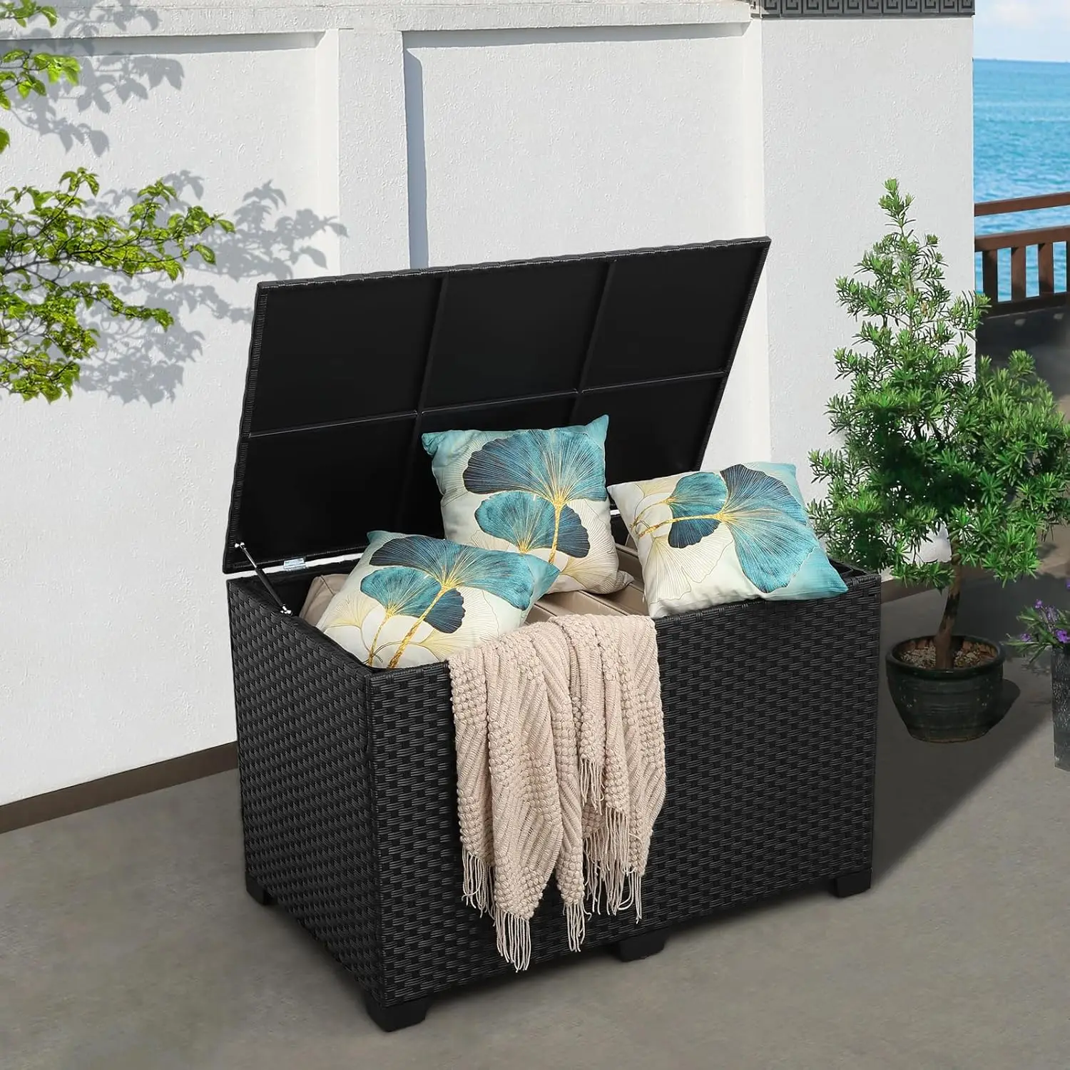 

Outdoor Wicker Storage Box, Big Size,Resin Black Rattan Deck Bin with Lid,150 Gallon,Water-resistant Liner Container for Patio G