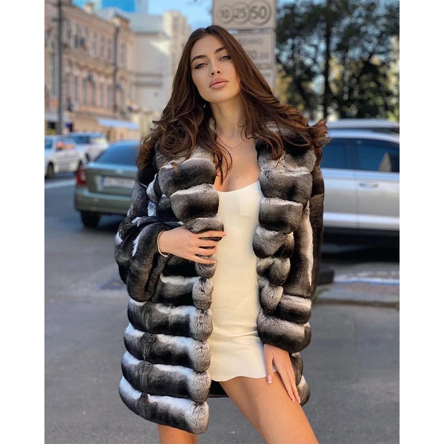 Fur Coat Women Natural Chinchilla Rex Rabbit Fur Coat Mid-Length Best Seller Warm Winter Jackets Female