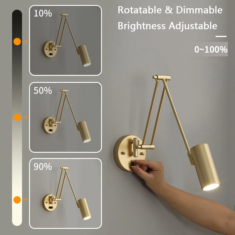 Imagem -03 - Lâmpada de Parede Retrátil Regulável com Toque Interruptor Leitura de Cabeceira Lâmpada de Cabeceira Estudo Moderno Rocker Luz Botão Plug Luxo