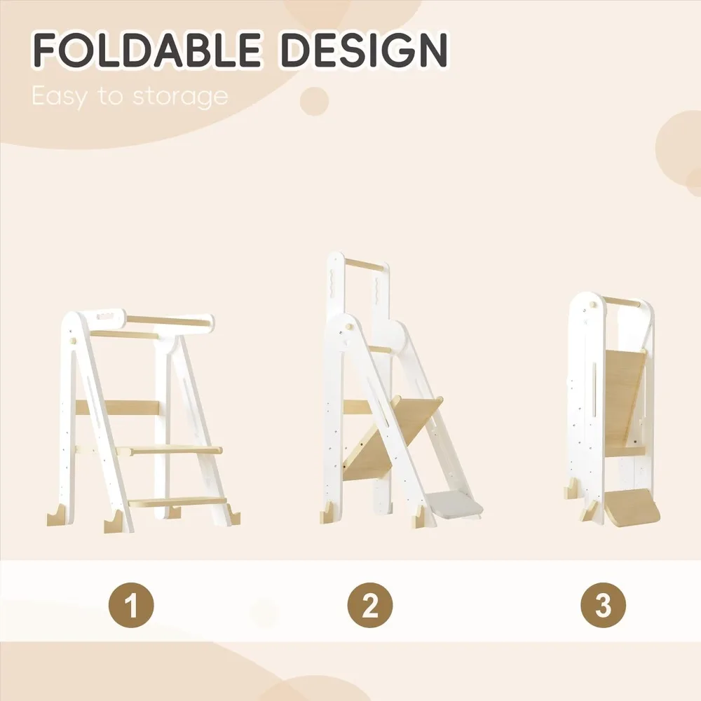 子供用キッチン踏み台、折りたたみ式幼児用タワー、高さ調節可能な幼児用立ちタワー、安全レールと滑り止め装置付き