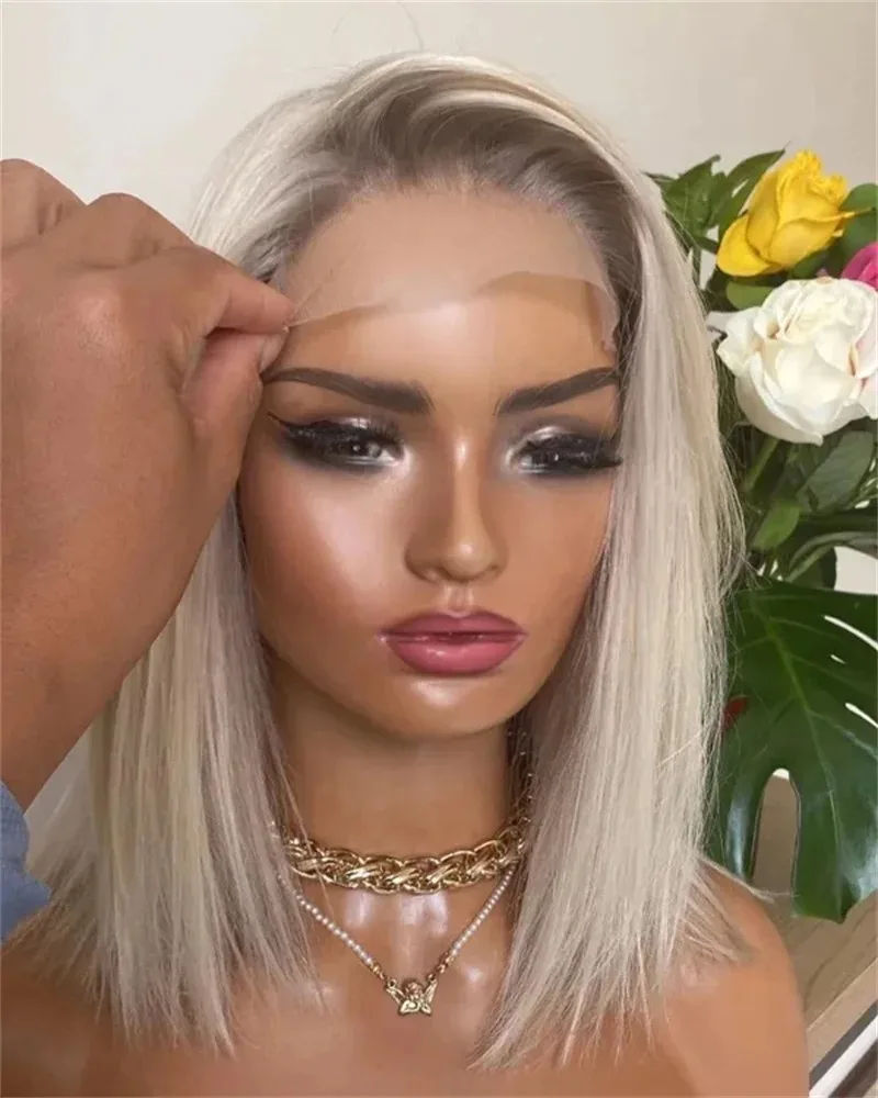 Белые Блондинки Парики Фронта Шнурка Для Женщин Короткий Боб Бразильский Парик Коричневые Корни HD Прозрачные Синтетические Парики Фронта Шнурка Предварительно Сорванные