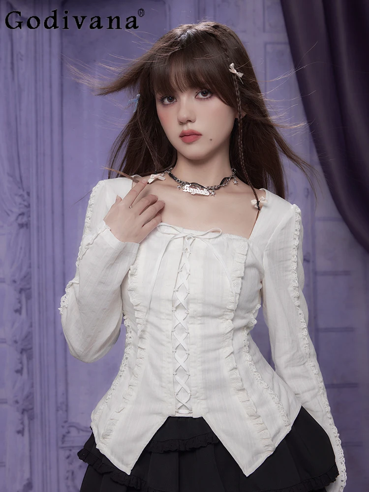 

French Sweet White Temperament Square Collar Lace-up Versatile Shirt Retro Girls Long Sleeve Slim Simple Lace Age Reduction Top