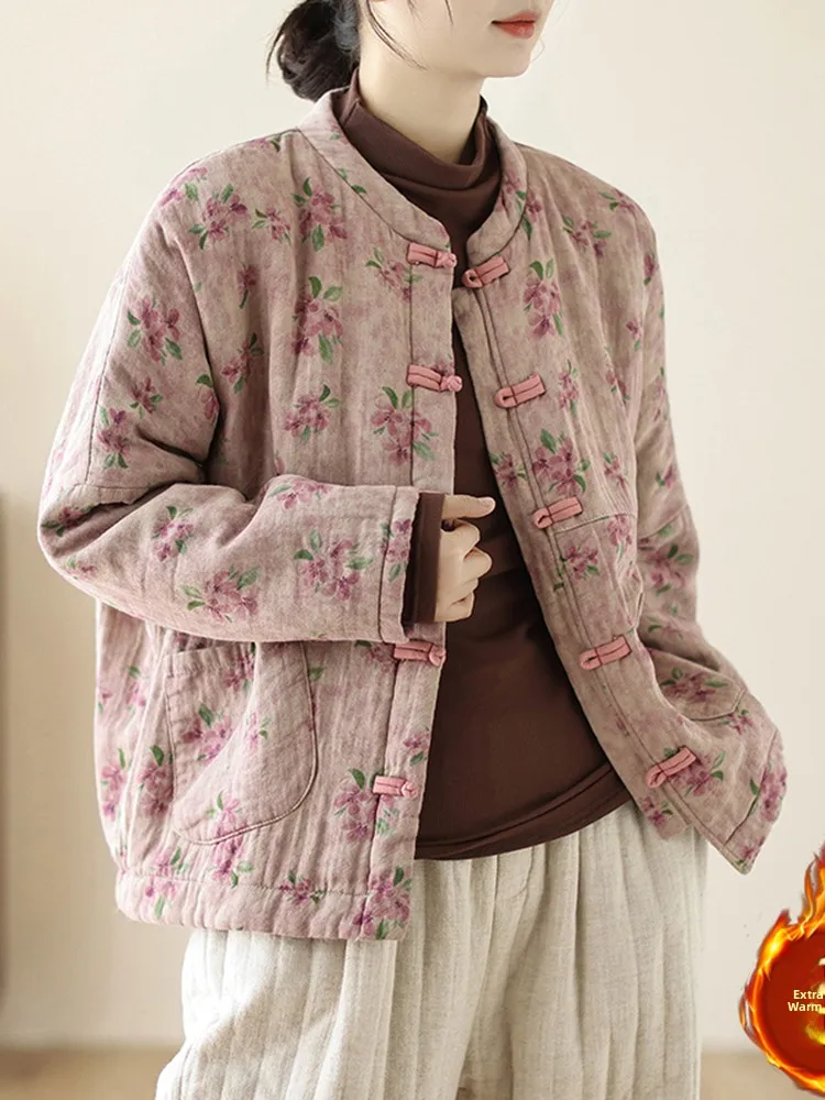 

Женское хлопково-льняное пальто с принтом в китайском стиле в стиле ретро, теплое пальто на пуговицах, длинное свековое круглое Ne, верхняя одежда обычного кроя