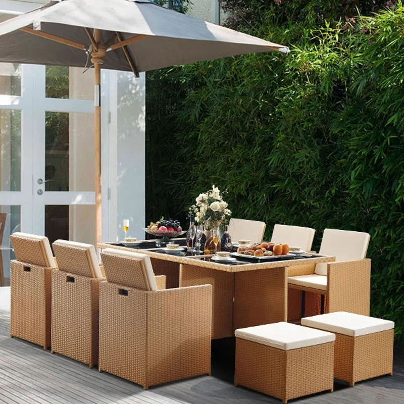 Unique Style Outdoor Wicker Furniture Woven Rattan Cube Dining Table Set Garden