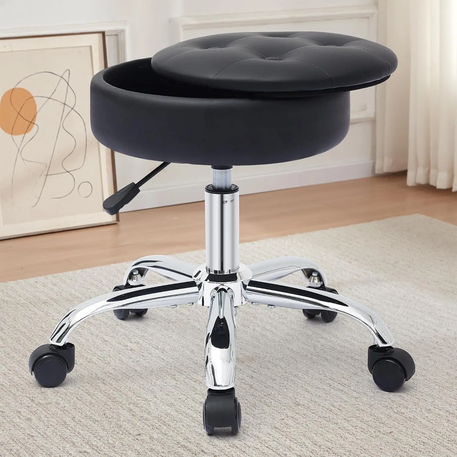

Swivel Vanity Stool Chair For Makeup Room, Rolling Stools With Wheels, Round Rolling Stool With Storage, Desk Stool With