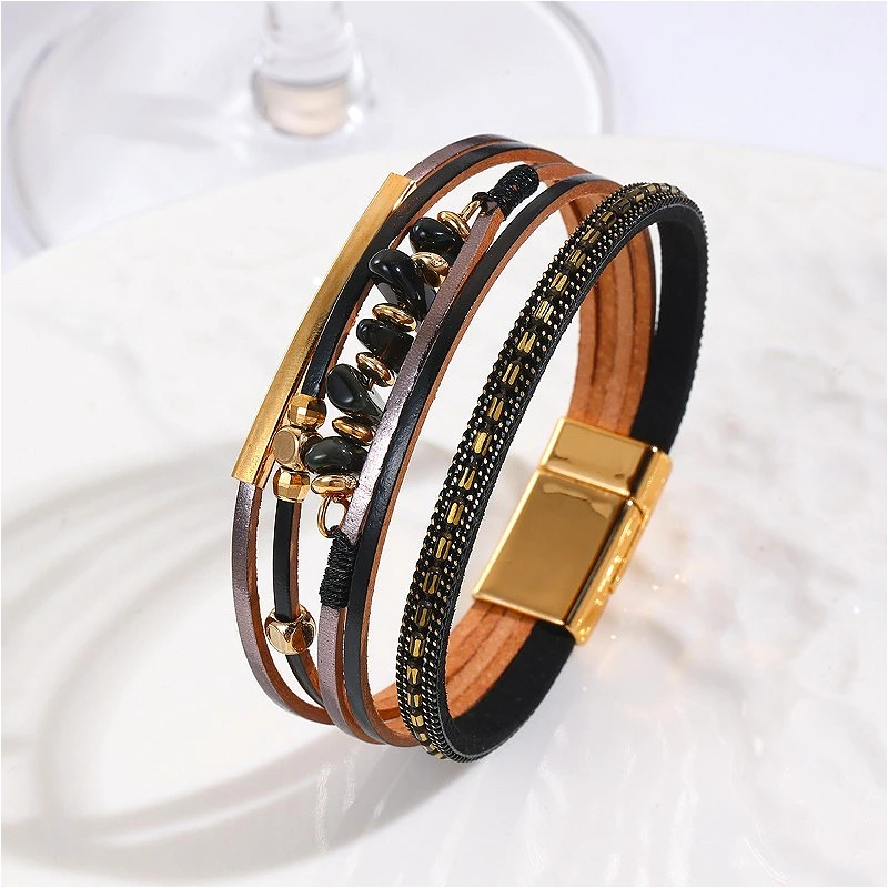 Bohemian Color Stone Magnetic Bracelet Vintage Spliced Leather Multi-layer Cuff Hand Jewelry 2026 Birthday Party Gift for Women