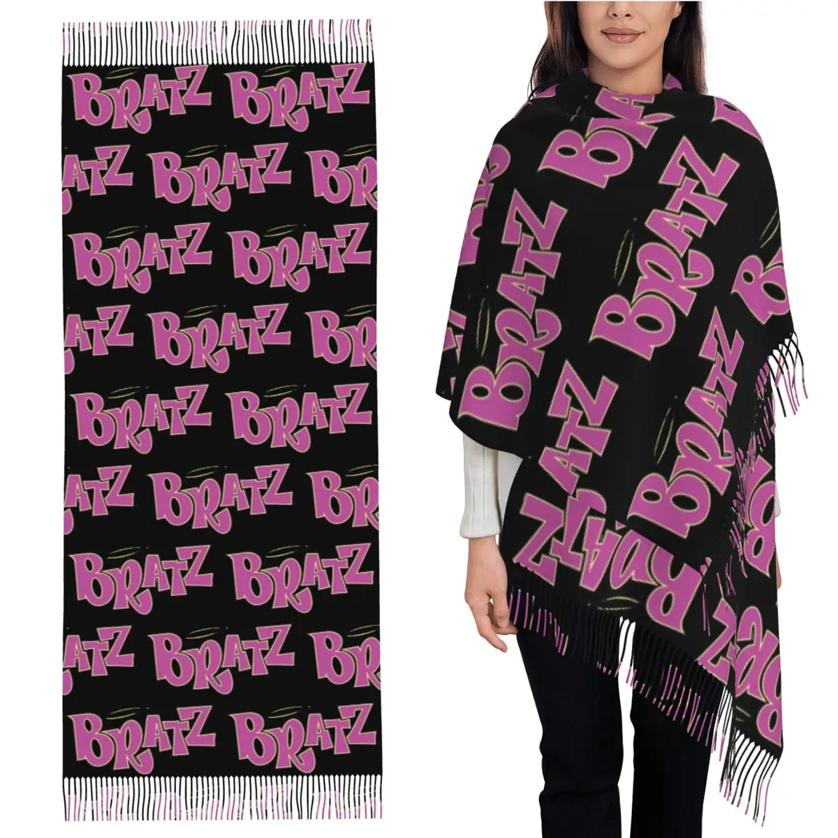 

Шарф с логотипом Bratz, шарфы с кисточками, женские мягкие теплые шали и накидки, большая осенне-зимняя шаль