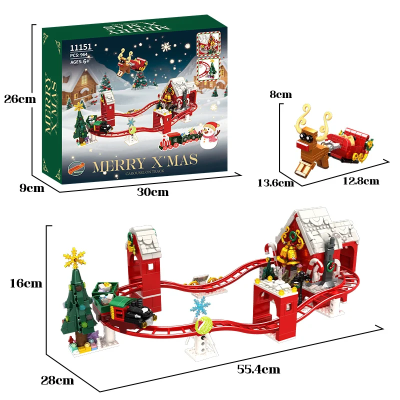 964Pcs Building Blocks  Moving Christmas Roller Coaster Park  City Amusement Playground Bricks Set Toys For Children Kids Gift