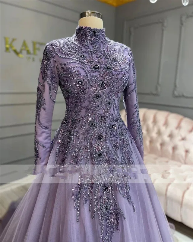 Muslim lilac lavender Prom Dresses 2023 Dubai Long Sleeve Elegant princess Women evening Party Gown Turkey Bespoke Occasion