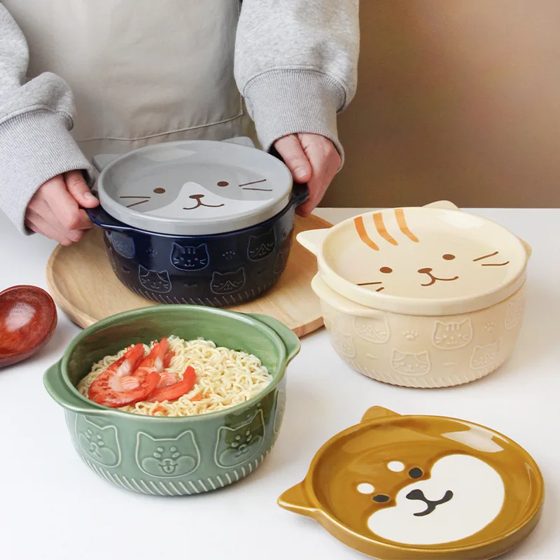 850ML Japanese Cartoon Cat Ceramic Bowl Cute Animal Bowl Instant Noodle Bowl With Cover Kitchen Utensils Ceramic Tableware