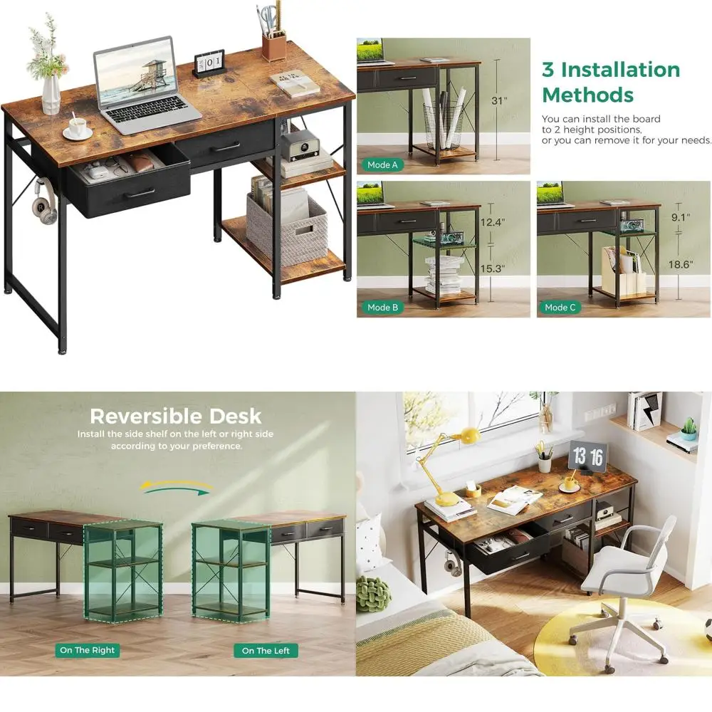 

40 Inch Reversible Desk with Storage Shelves, Study Laptop Table for Small Spaces, Rustic Brown