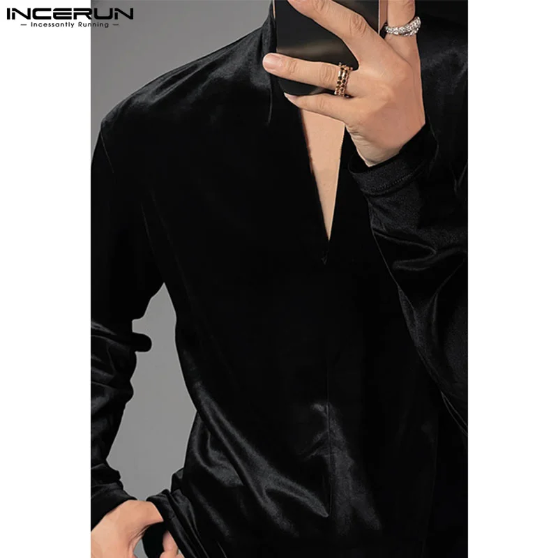 2024 Men's T Shirt Solid Color Velour V Neck Long Sleeve Fashion Men Clothing Streetwear Loose Korean Casual Tee Tops INCERUN