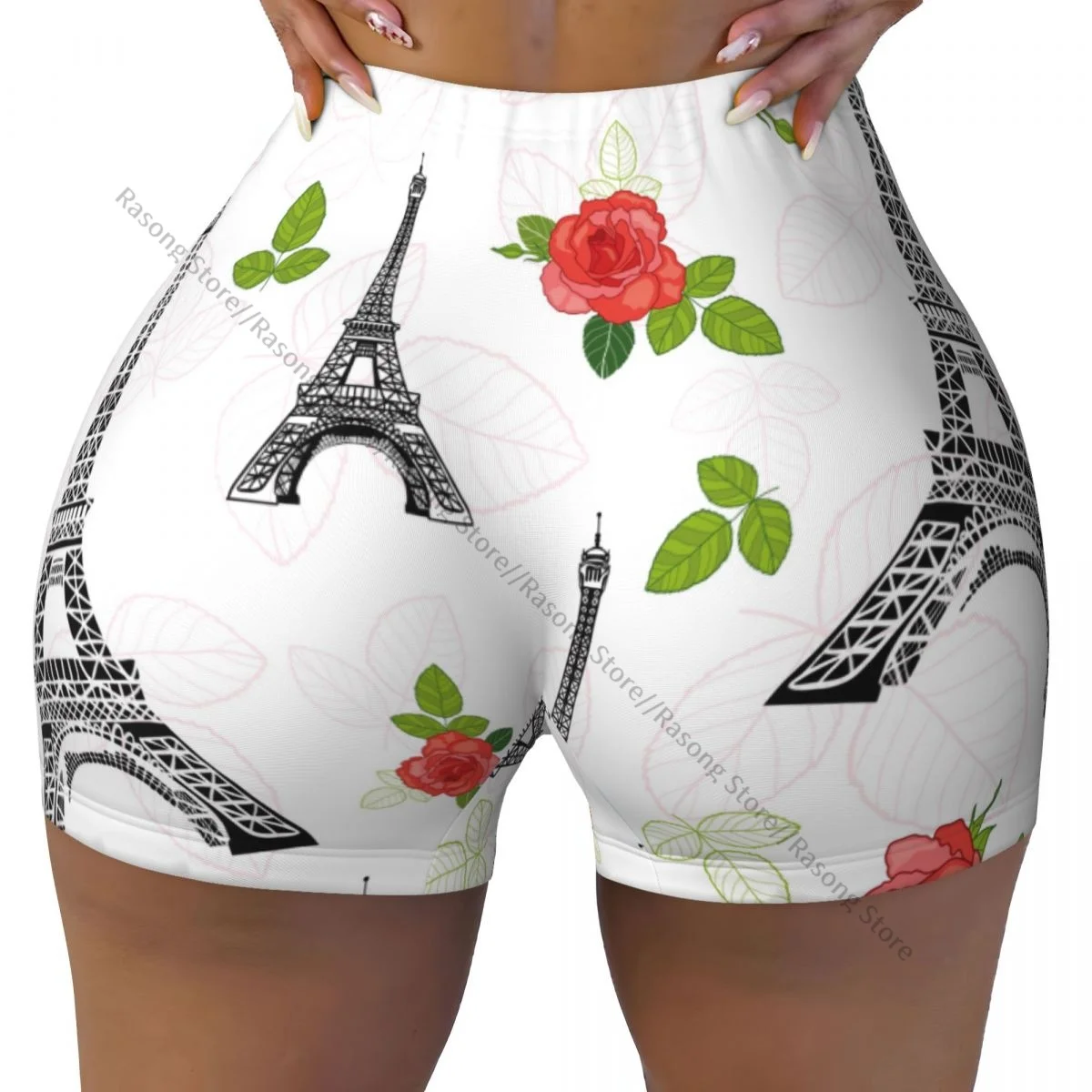 Women's Yoga Shorts Black Eifel Tower Paris And Red Roses Flowers Scrunch Booty Butt Lifting Comfort Fitness Gym