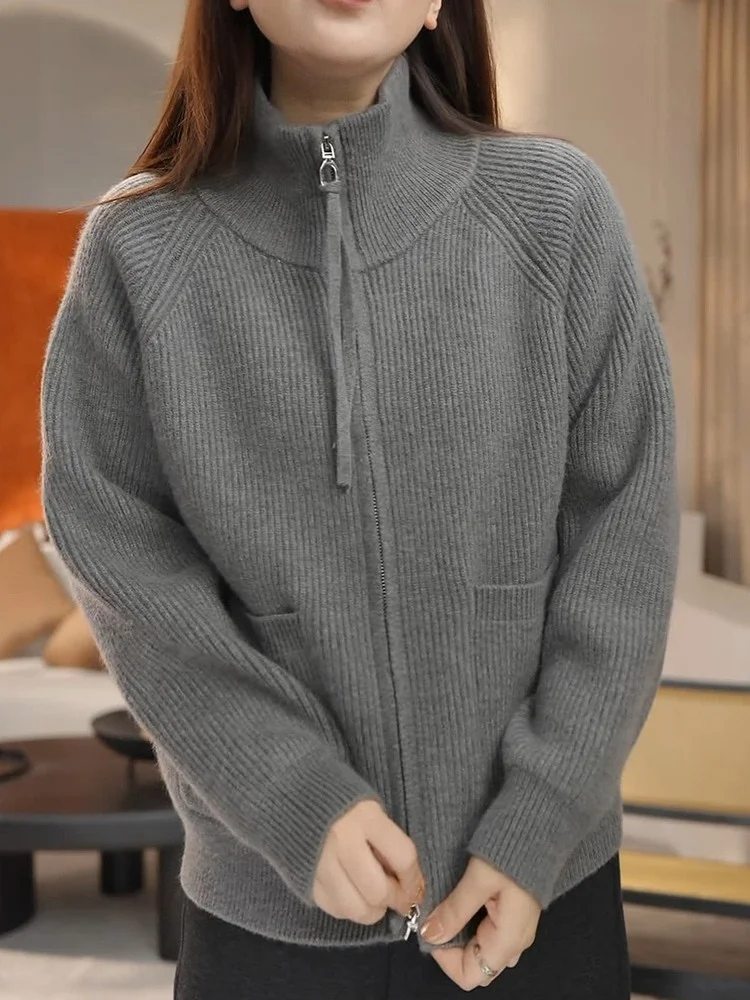 

Женский модный свободный кардиган большого размера на молнии с длинными рукавами, вязаный свитер с воротником-стойкой, осенне-зимняя новинка