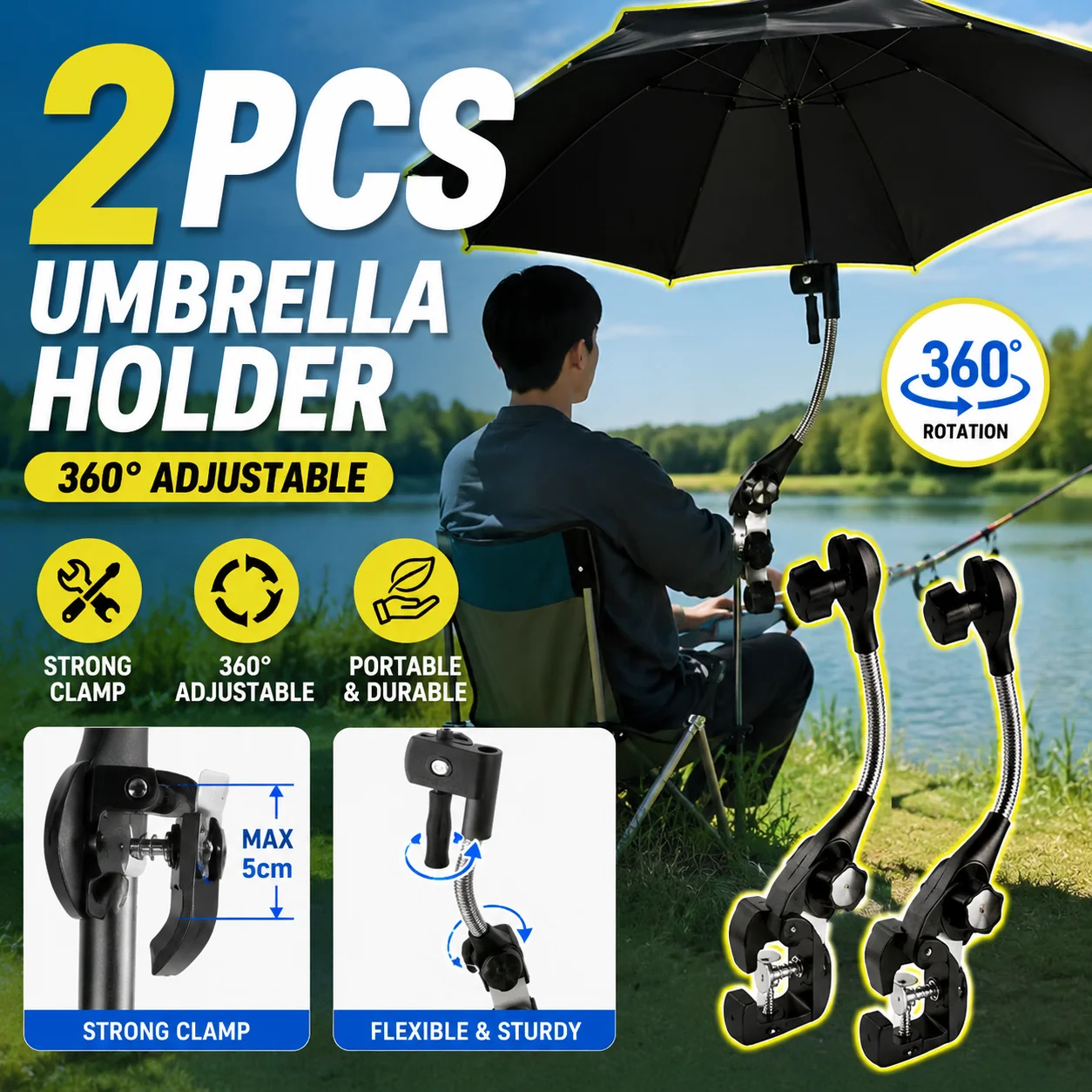 Suporte de Guarda-Chuva Portátil para Pesca, Braçadeira Ajustável Universal para Guarda-Chuva, Acessório para Cadeira de Praia e Camping ao Ar Livre