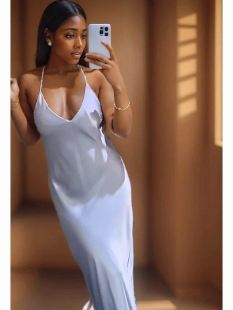 Tempérament dos nu Sexy fête longue robe 2025 printemps et été nouvelles femmes mode Sexy épice soie Satin Texture robe élégante