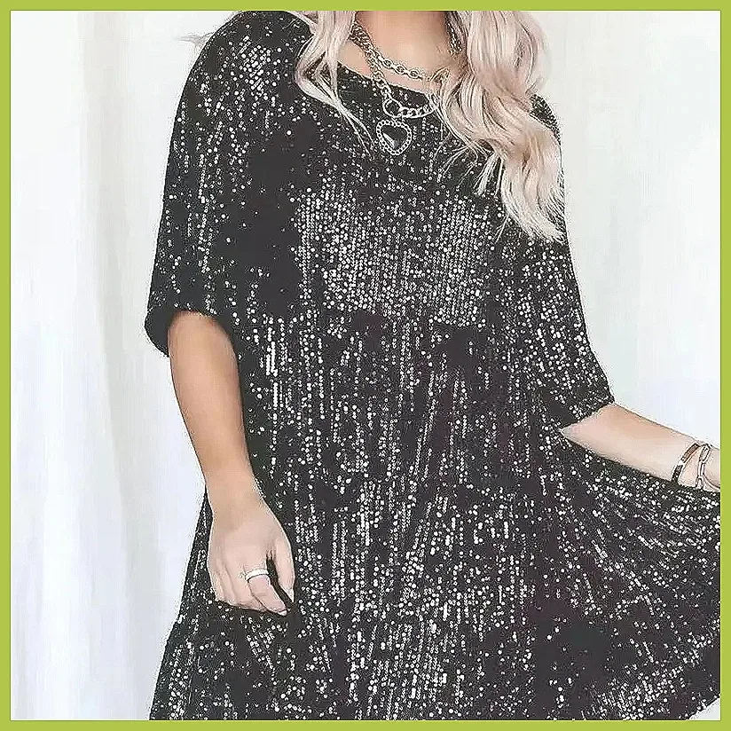 Abito Mini con Paillettes da Donna 2024, Vestito Scintillante con Collo Tondo e Maniche Corte per Feste e Banchetti