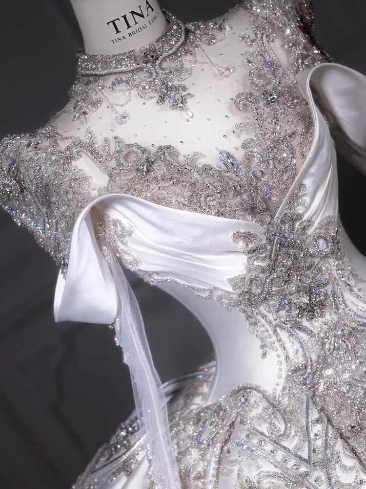 DFDG Damen 2025, weißes französisches Couture-Hochzeitskleid, luxuriöse schwere Stickerei, lange Schleppe, Hauptbrautkleid, Frühlings- und Sommerdesign