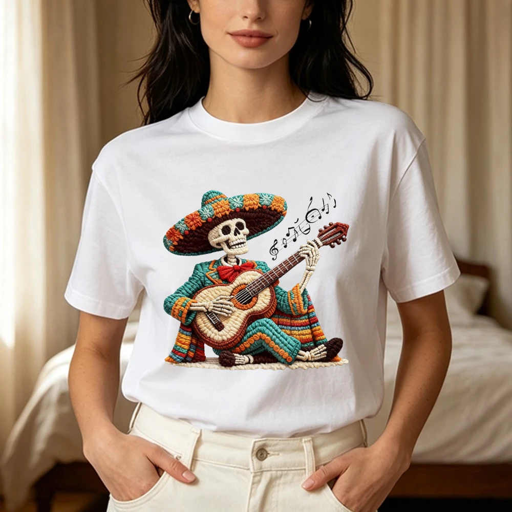 Day of the Dead Skeleton Musician Tshirt Faux Crochet Style Printing Tshirt Día de los Muertos Graphic T Shirt Unisex Cotton Tee