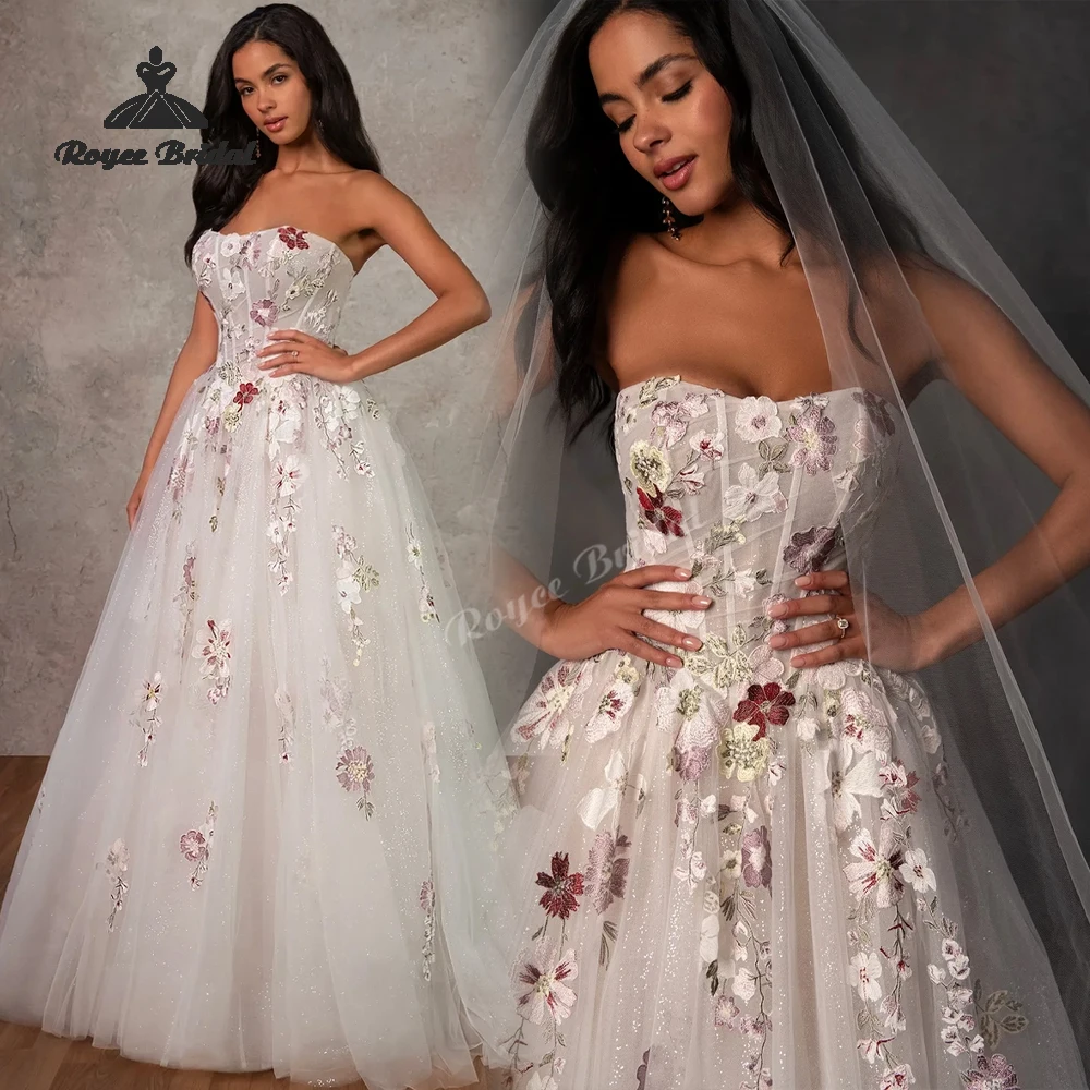 Colorful Appliques Elegant A Line Wedding Dresses 2027 Strapless Glitter Customized Beach Bridal Gown Custom Vestido De Novia