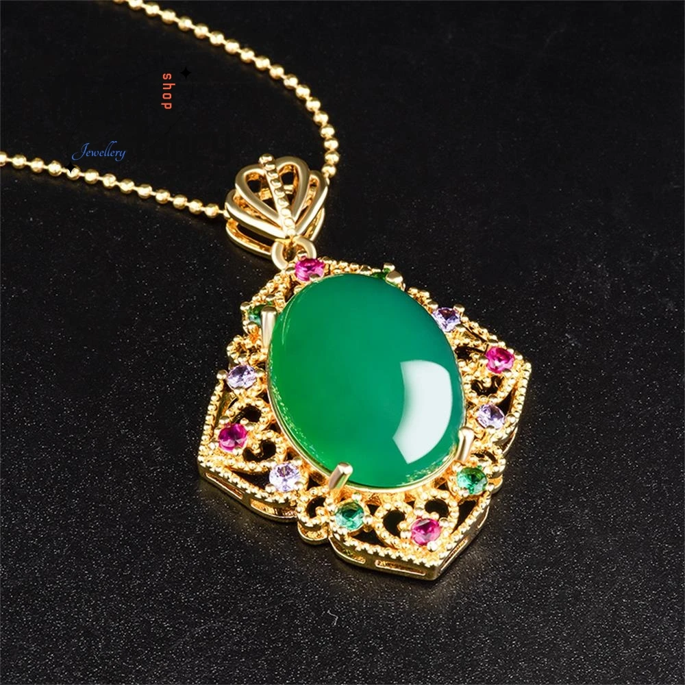 Genuine Natural Green Agate Pigeon Egg Noodles Copper Gold Plated Pendant Exquisite High-grade Fashion Fine Jewelry Holiday Gift