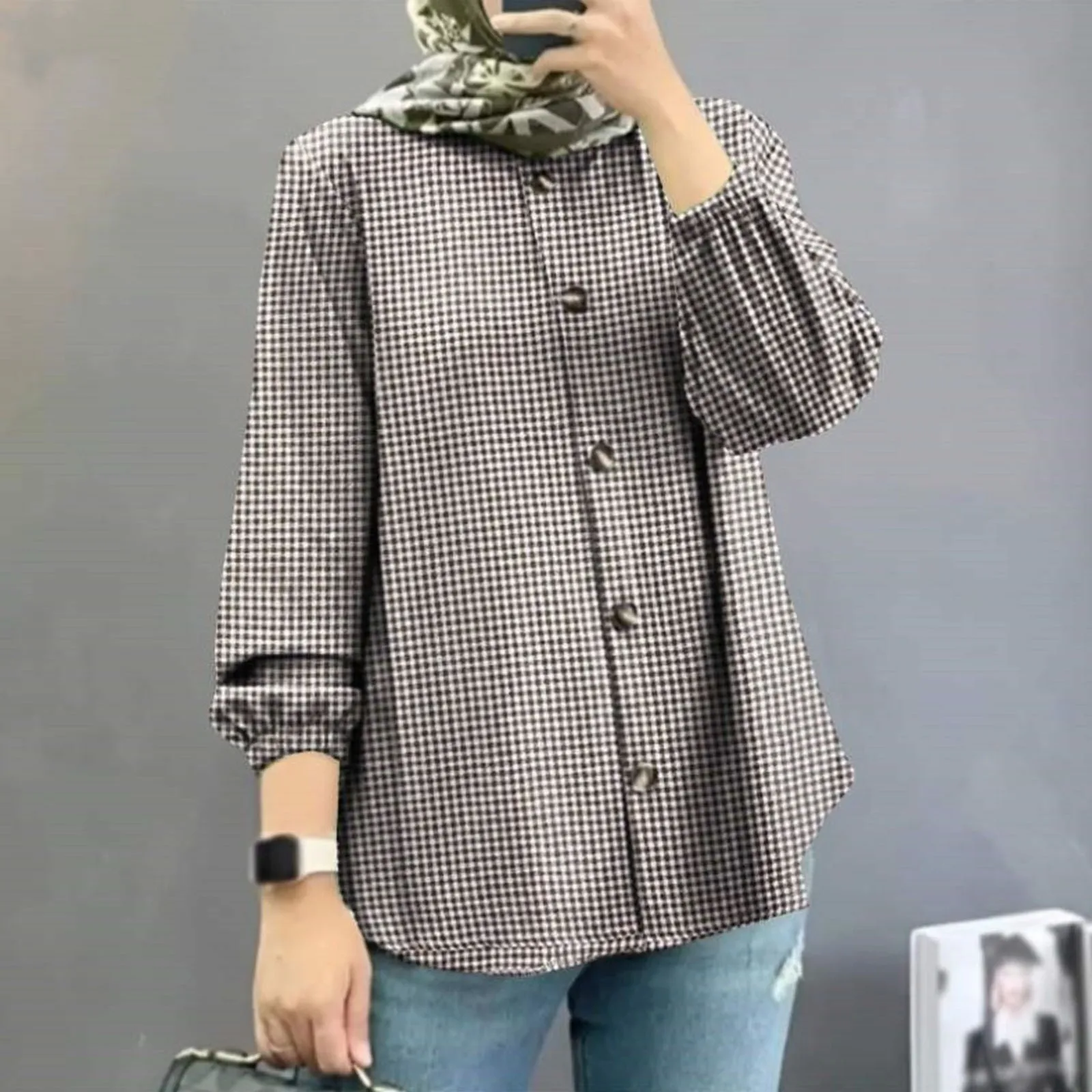 Autumn Shirt Women Checked Tops Sleeve muslim IsIamic Clothing Muslim women Abaya Long Turkey clothing Dubai Vintage Blouse