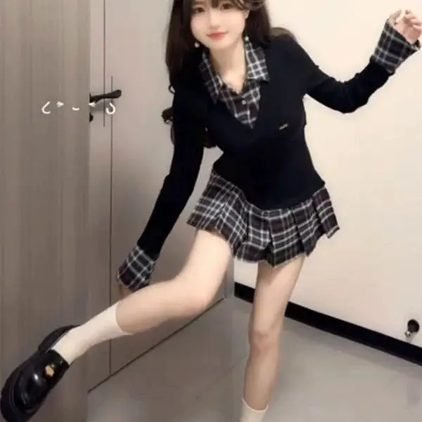 

Ранняя осень, плиссированная юбка в клетку в стиле преппи, искусственная двухсекционная юбка Dr Slim с длинным воротником свека, цельная юбка, осень 2023 г.