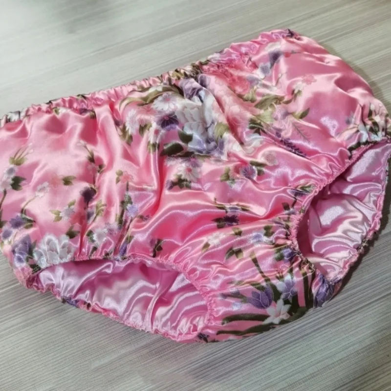 수제 여성 팬티 핑크 새틴 광택 코튼 브리프 시시 플로럴 프린트 코튼 패딩 따뜻한 파티 섹시 코스튬 팬티