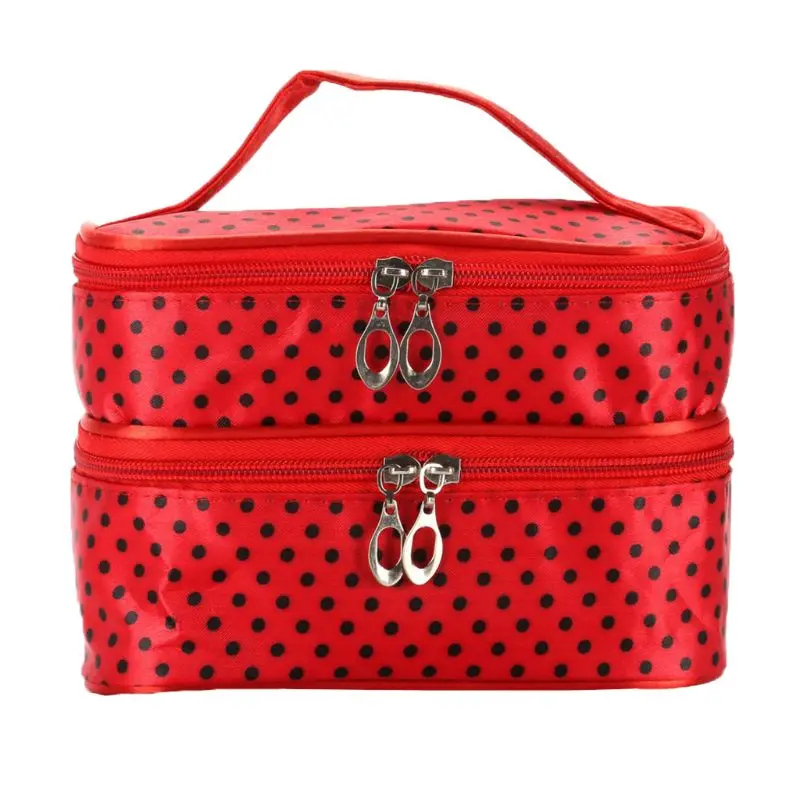 E74B Women Travel Cosmetic Polka Dots Makeup Double Layer for Case