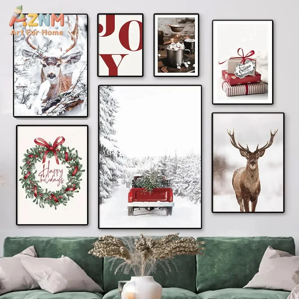 AZNM Neutral Farmhouse Christmas Canvas Wall Art Snowy Deer Wreath Red Truck Hot Cocoa Gift Box Winter Holiday Rustic Living Roo