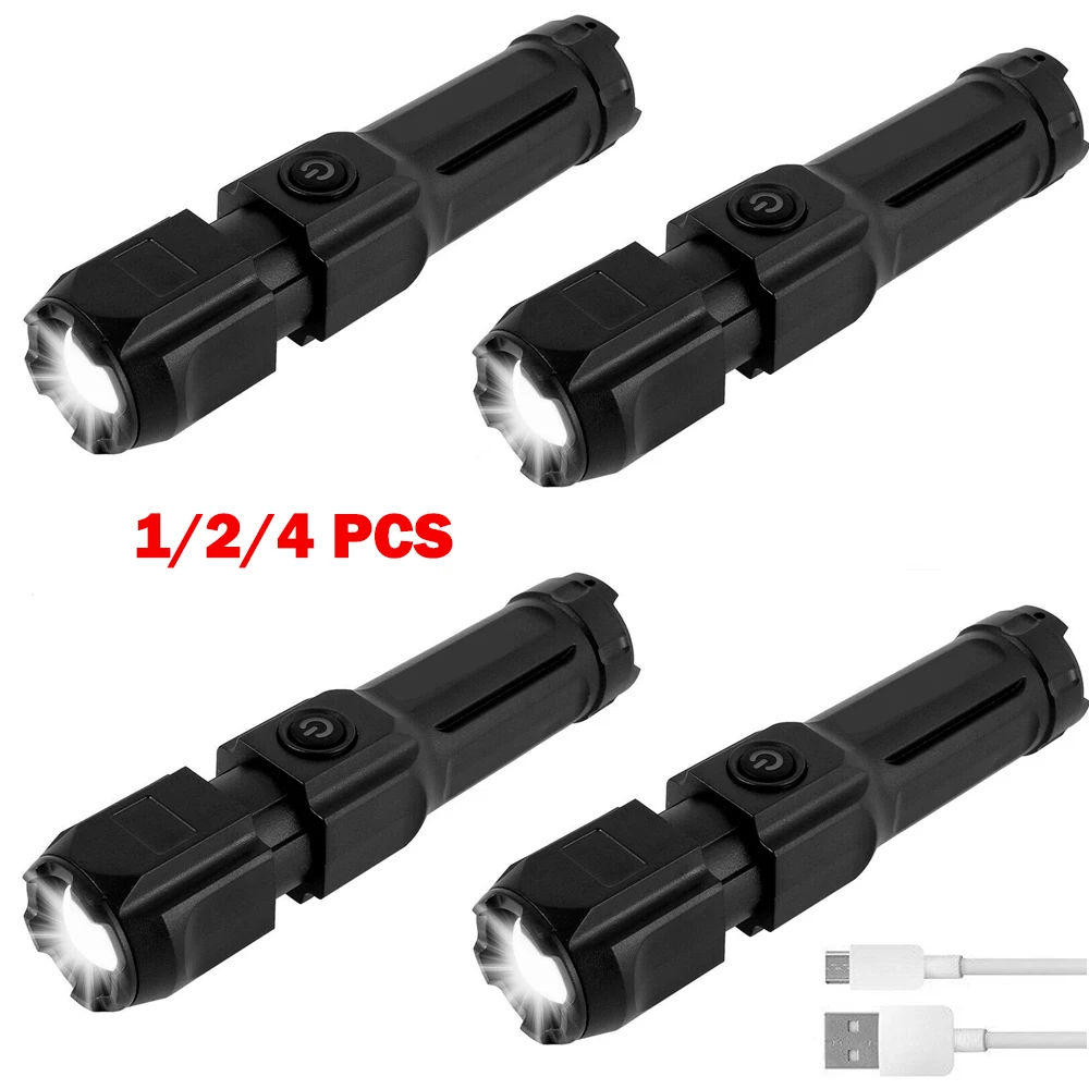 New 1/2/4Pcs Powerful LED Flashlight Rechargeable USB Lasting Zoom Fishing Hunting Camping 3 Modes Tactical Flashlight LED Torch