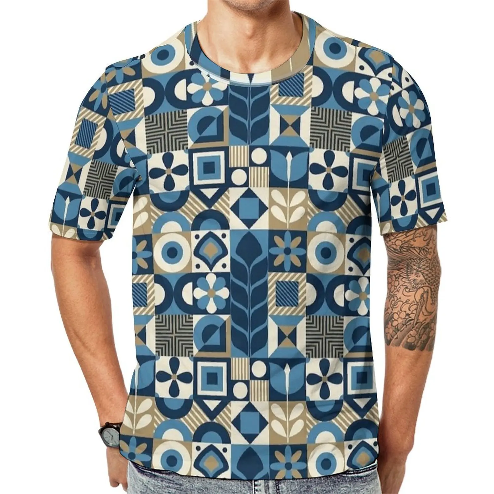 Plus Size T-Shirt Summer Navy Mosaic Geo Print T-Shirts  Funny O Neck Tshirt Men Hippie Printed Tops