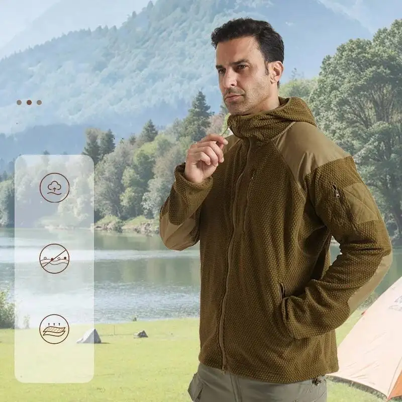 

Plaid Fleece Hooded Tactical Jacket Men Autumn Winter Outdoor Warm Cycling Hiking Camping Coat Sweater Male Climbing Clothes