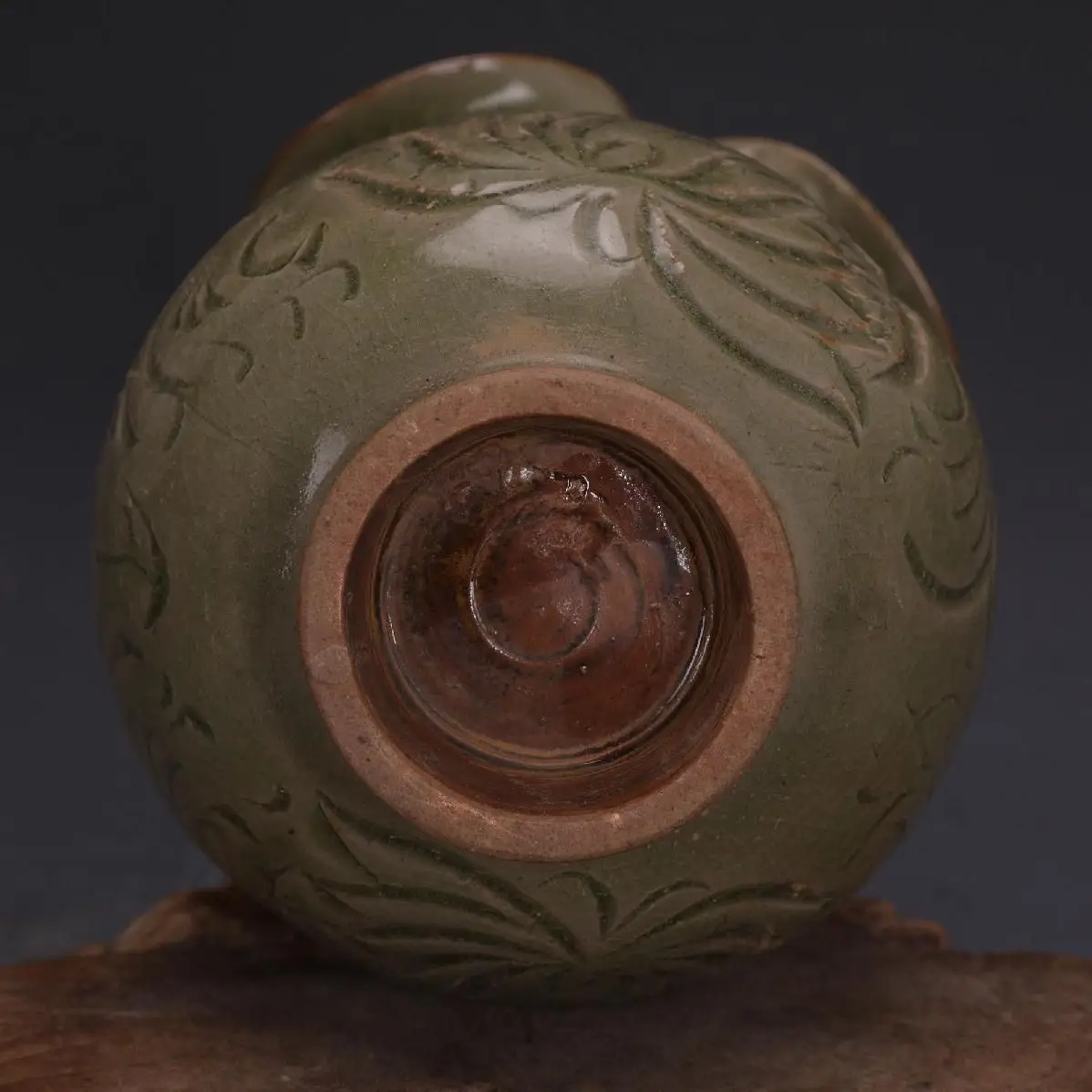 Song Style Yaozhou Kiln Crackle Olive Green Celadon Deep Carved Lotus Flower Flared Rim Zhadou Vintage Chinese Tea Room Storage