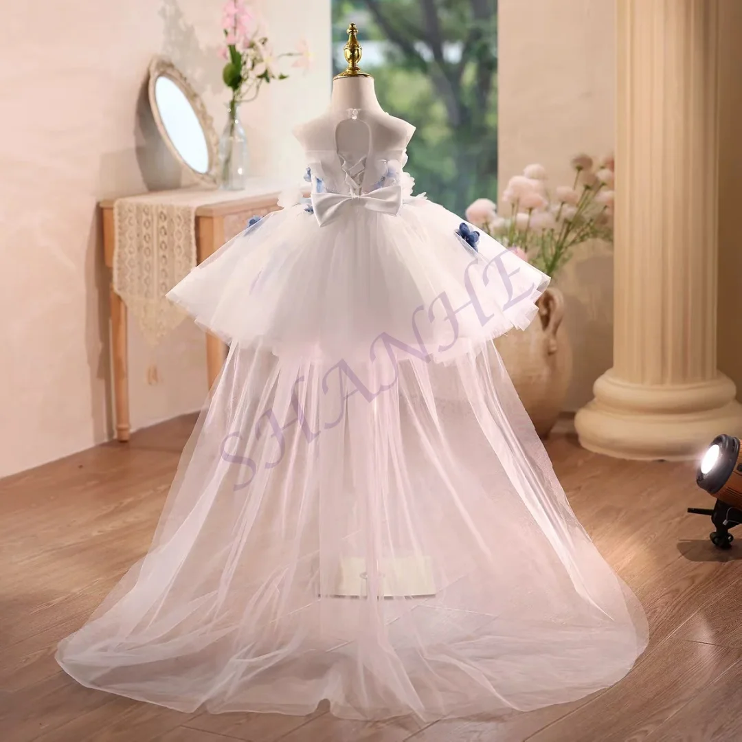 CustomizedElegant White Flower Girl Dress Knee Length with Train Princess Kids Wedding 1st Birthday Pageant Party Gown