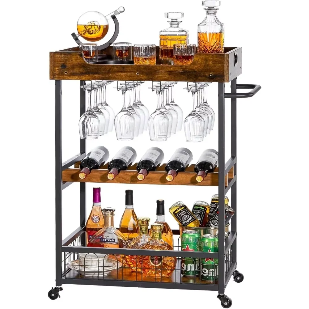 

Bar cart, mobile kitchen service cart with storage and glass shelves, removable trays, industrial wine cart with handles