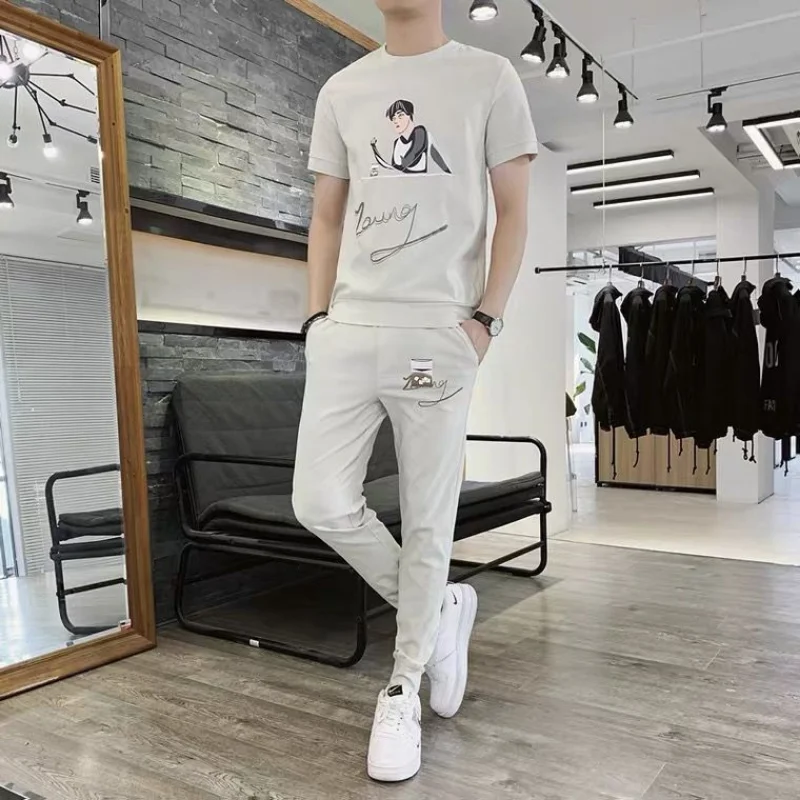 Pants Sets Novelty In T Shirt Man 5xl Xl Loose Cotton Top Print Cool Men\'s Clothing Aesthetic Tracksuit Casual Sports Suits