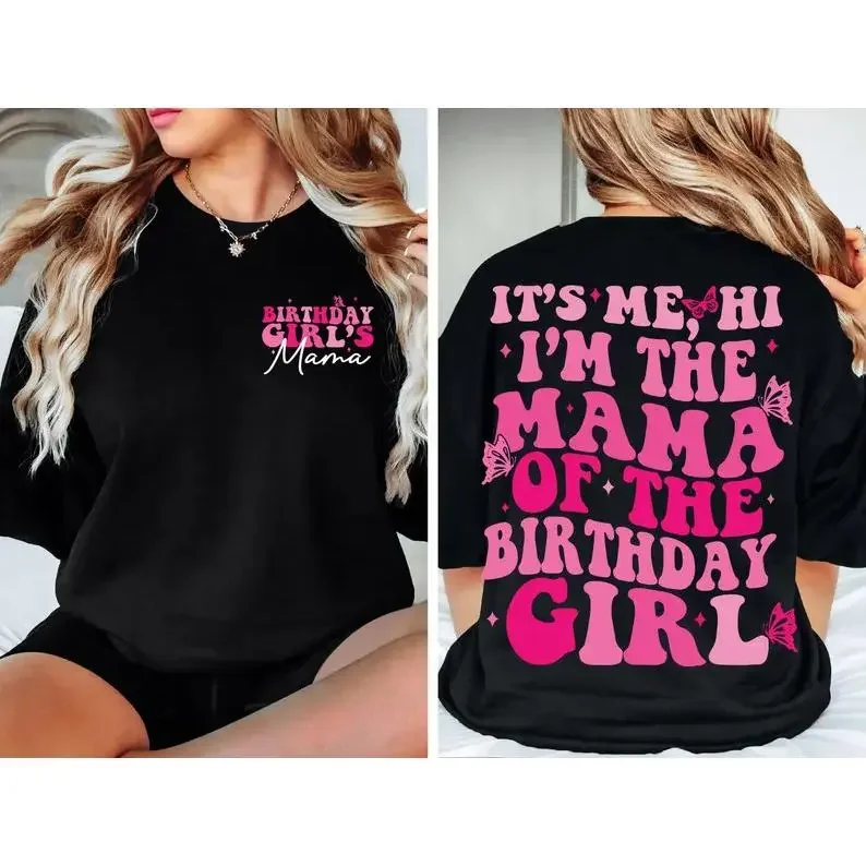 Women's It's Me, Hi I'm The Mama of the Birthday Girl T-Shirt, Birthday Girl Preppy Smiley Groovy Retro Wavy Birthday Tee