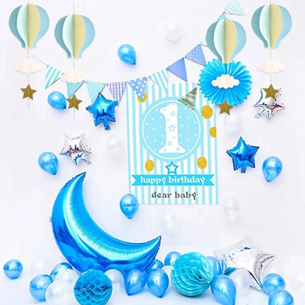 4pcs 3D Paper Pendant Hot Air Balloons Clouds Stars Hanging Ornaments for Home Decor (Light Blue Sky Blue and Beige)