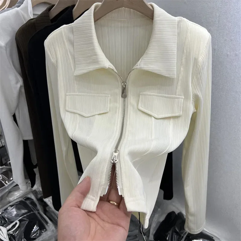 

New Korean Fashion Chic Casual Temperament Lapel Coat Shirts Women Office Ladies Fall Autumn 2023 Zip Up Cardigan Thin Tops Y2k
