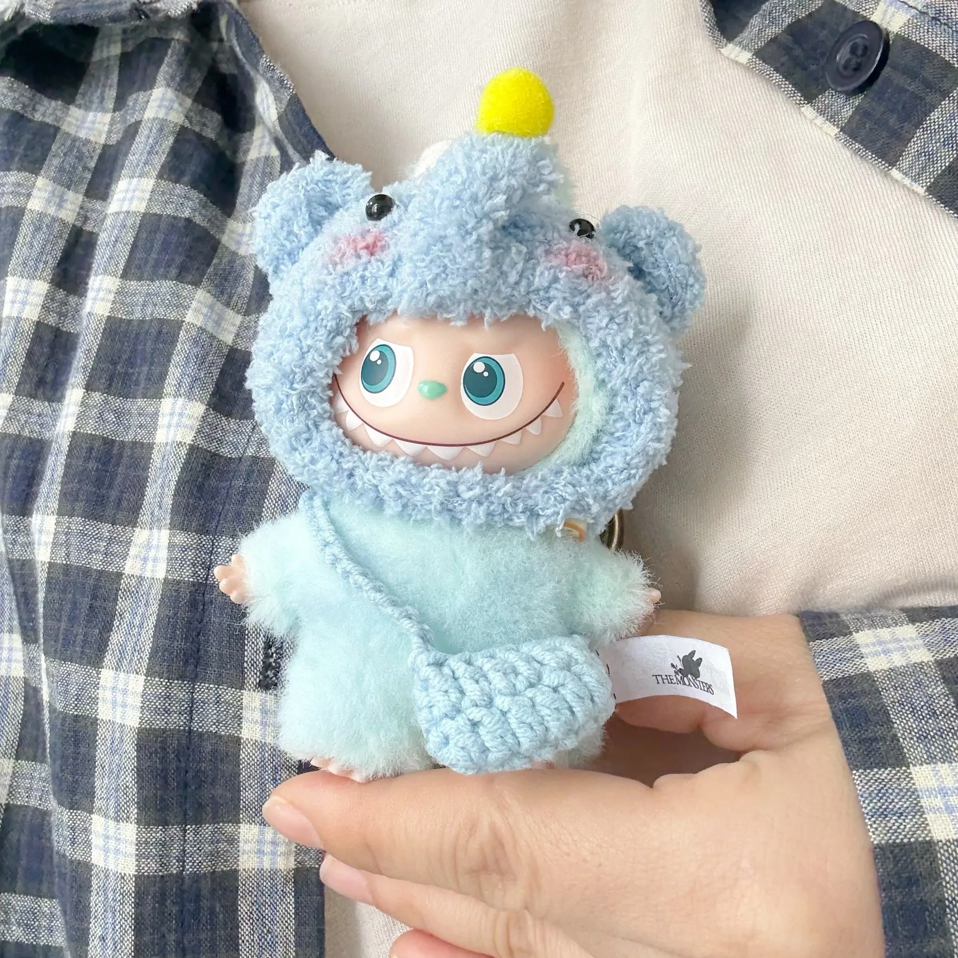 

Clothes For 10cm Labubu Mini 4.0 Version Doll Keychains Light Blue Handmade Knitted Plush Elephant - Shaped Hat With Small Bag