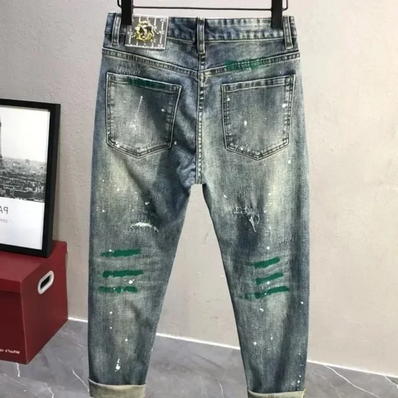 Male Cowboy Pants with Holes Jeans for Men Tie Dye Trousers Print Tapered Broken Ripped Torn Buggy Regular Stylish 2024 Trend Xs