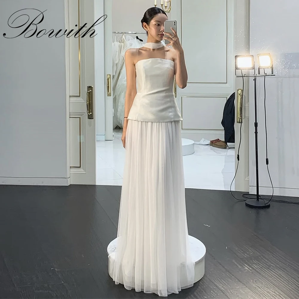 

Bowith Patchwork Satin Strapless Wedding Dresses Customized Bridal Gown A-line Floor-Length Photo Shoot Dresses